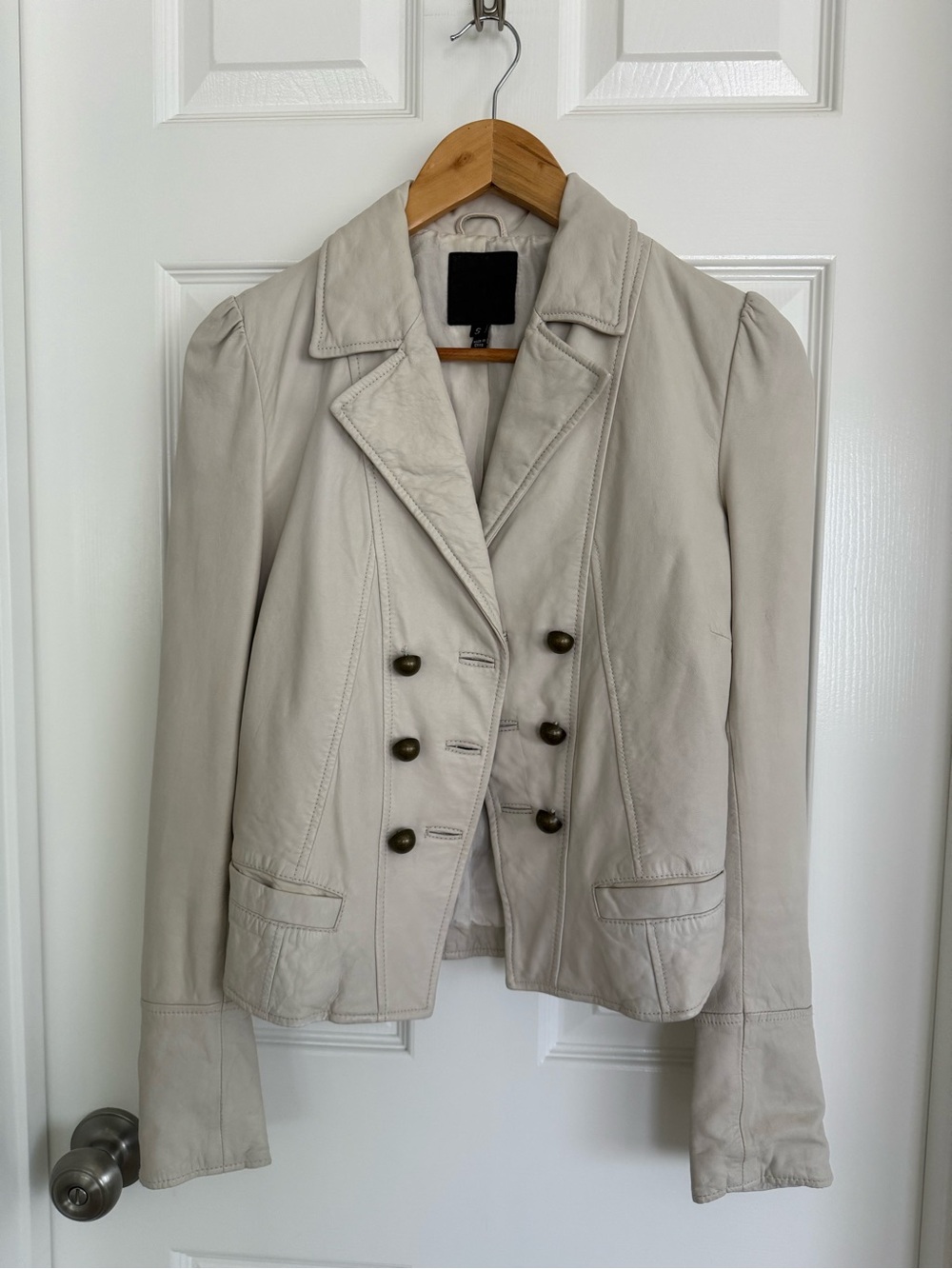 Joie Cream Double-Breasted Lamb-skin Leather Jacket